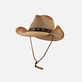 Vintage western cowboy straw hat in light brown with studded leather band and chin cord - One Size / Brown