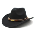 Detailansicht schwarzer Cowboyhut aus Filz mit goldener Metallfeder und Ethno-Webband-Deko - M (56-58cm) / Schwarz