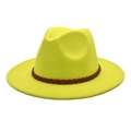 Detail of yellow wool felt fedora featuring a stylish brown braided leather band decor - M (56-58cm) / Neon Yellow