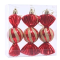 Three red candy Christmas tree ornaments with gold glitter stripes in clear packaging - Red/Set of 3