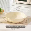Cream yellow ceramic soup bowl with handles and wavy edges, 2450ml large capacity - 12 Inch Double Ear Soup Bowl - Creamy Yellow