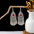 Bohemian silver drop earrings with red stones and long fringe tassels on black backdrop - Retro Silver + Red Stone + Hook Tassel (E2142-1)