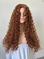 Detailed texture of brown curly long wig with dense natural spiral synthetic fibers - Brown