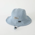 Close-up of light blue denim bucket hat with white embroidery and windproof cord - 52cm (2-5 Years) / Letter BW - Light Blue
