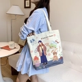 Cream canvas tote bag with Love and Power cartoon illustration for daily commute - Girl and Rabbit