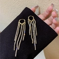 Long gold tassel earrings with sparkling rhinestones and elegant heart-shaped hooks - Heart Rhinestone Link Tassel / Gold