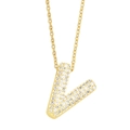 Detail of gold letter V necklace with pavé cubic zirconia on a dainty chain - Gold-V