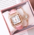 Pink leather strap quartz watch with rose gold crystal bracelet in a pink gift box - Pink Set 2