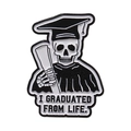 Skeleton graduate enamel pin with I Graduated From Life slogan on black and white badge - Skull Graduate (xz8428)