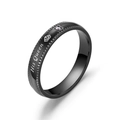 Close-up of black titanium steel ring with His Queen engraving and a purple zircon. - Size 6 / His Queen (4MM) / Black