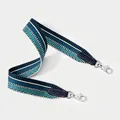 Close-up of ethnic geometric woven shoulder strap with blue leather and silver metal clips - Standard Type / Blue Silver Buckle