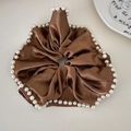 French vintage brown satin scrunchie with elegant pearl edge trim for women - Coffee Brown