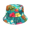Detailed pattern of tropical pineapple and hibiscus flowers on the blue bucket hat - M (56-58cm) / Lake Blue