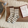 Vintage brown and grey striped cotton crew socks with ribbed texture in cozy setup - One Size / Mid-Calf/Striped / Coffee Stripes