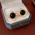 Vintage gold star earrings with black stone and pearls in a blue velvet jewelry box - 48# Silver Earring Post - Gold - Black