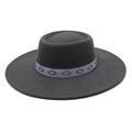 Detail of dark grey wool felt boater hat featuring a blue geometric embroidered band - M / Dark Gray