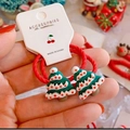 Kids elastic hair bands featuring cute green Christmas tree charms on red ties - Green Christmas Tree
