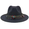 Close-up of ethnic beaded band with turquoise on a dark gray wool felt cowboy hat - Dark Gray