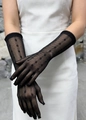 Elegant black polka dot mesh gloves with wave hem detailing and vintage style finish - Polka Dot Fishnet