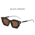 Modern geometric sunglasses with black chunky frames, brown lenses and yellow accents - Black Frame Tea Lens