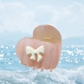 Pink acetate heart hair claw with creamy white bow on soft beach background - Striped Colorful Pink Heart Bow Claw (Approx. 7cm)