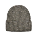 Close-up of thick ribbed knit texture on a dark green tweed beanie with colorful specks - Mustard Green