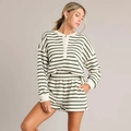 Detail of green and beige striped loungewear set with henley neck and button accents - Army Green