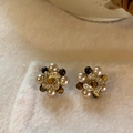 Elegant gold plated flower stud earrings featuring pearls and vintage CC logo design - Silver Earring Post - Gold & Coffee (Real Gold Plated)