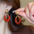 Close-up of vintage resin drop earrings with gold textured metal and amber resin rings - Gold Red-Brown Irregular Geometric (8# Silver Earring Post)