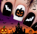 Halloween plaknagels met zwarte vleermuizen en oranje pompoenen op vierkante nageltips - Halloween Pompoen Vleermuis Kasteel Stijl (CW726)