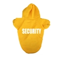Detail of yellow pet hoodie featuring bold white Security print on back with knitted texture - Yellow