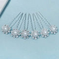 Set of 6 silver bridal hair pins with floral rhinestones and pearls for wedding styles - Sunflower Artificial Pearl Style (HS-J6508S) / 6Pcs/Set / Silver