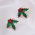 Christmas holly leaf stud earrings with green enamel and red crystals in golden finish - Leaf