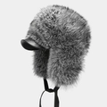 Gorro de invierno ruso grueso con piel sintética gris, visera de cuero negro y orejeras - Talla única / Gris Plata