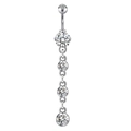 Silver navel button ring with dangling clear zircons in a vertical drop arrangement - Silver Zircon Ball