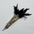 Gothic gold lace fingerless gloves with black feathers and amber gemstone accent - Black