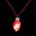 Close-up of a glowing red LED Christmas bulb pendant on a metallic bead necklace chain - Red Bulb Bead Necklace