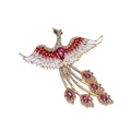 Golden phoenix wing brooch with red and white enamel details and pink teardrop crystals - Red and White Phoenix (067)