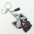 Classic cartoon cat keychain with black rhinestones and leather tassel accessory - Black