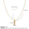 Elegant pearl necklace with golden letter I titanium steel pendant and sizing details - Letter I (XL185 Gold-Tone Artificial Pearl Necklace)