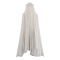 Elegantes ärmelloses weißes Halterneck-Maxikleid mit schwarzen Punkten und Wellensaum - XS / Weiß