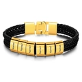 Custom black leather braided bracelet for men with six gold engraved name beads - 19cm / 6 Names / Gold Clasp