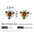 Blue enamel flower earrings in stainless steel with golden frame and red-brown stones - 18K Gold / Blue Style (NB-E1582-BU)
