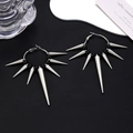 Detail of gothic punk hoop earrings with silver spikes and black beads on leather - Black Bead Spike Hoop Earrings (426) / Silver