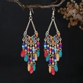 Detailed shot of Bohemian long beaded drop earrings with colorful tassels on a black branch - Dark Mixed Colors