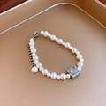 18k gold plated pearl necklace featuring an irregular square blue gemstone pendant - 16 Bracelet-White-Blue