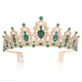 Golden Baroque bridal tiara with large emerald green crystals and white diamond accents - KC Gold - White & Dark Green