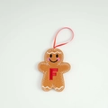 Gingerbread man felt ornament with red embroidered letter F and satin hanging ribbon - Letter F