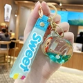 Blue Capybara liquid drifting bottle keychain with Sweet silicone strap and bear charm - Capybara Holding Strawberry - Feeding Bottle