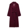 Elegant wine red double-breasted wool trench coat with waist belt and lapel collar - S / Burgundy